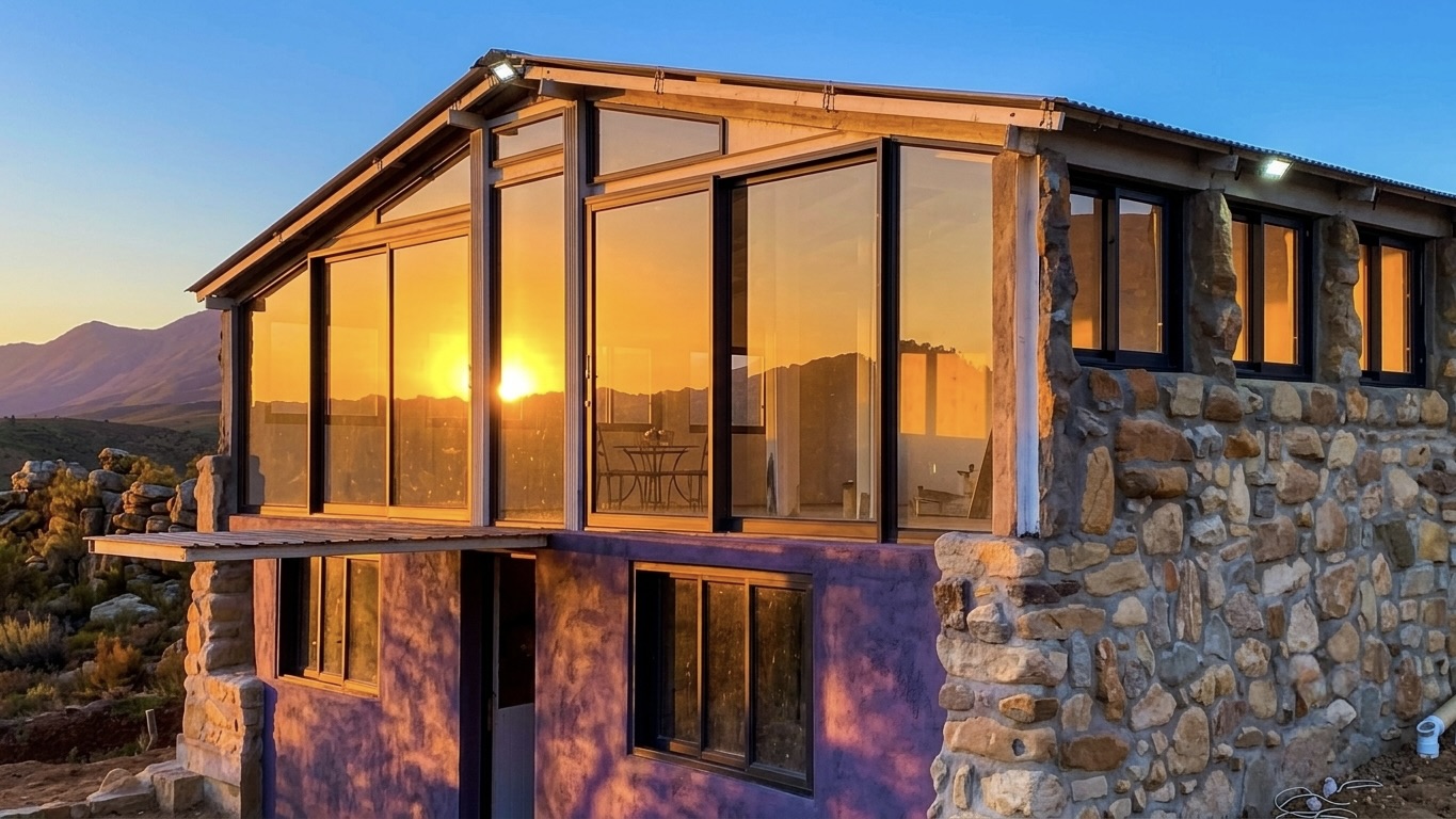 Huisie op die Heuwel — stone and glass cottage at sunset
