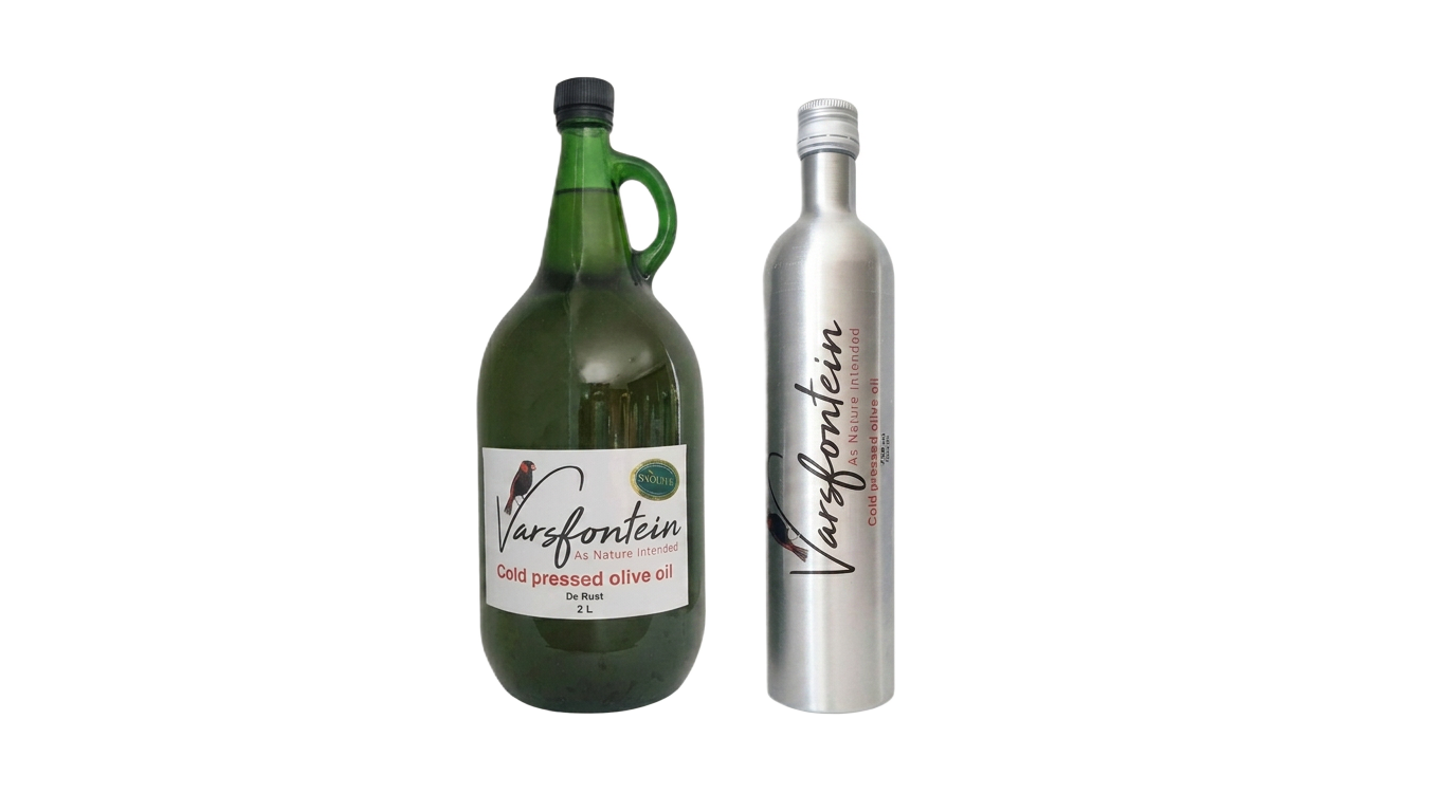 Varsfontein cold-pressed olive oil — 2L jug and 750ml Coratina bottle